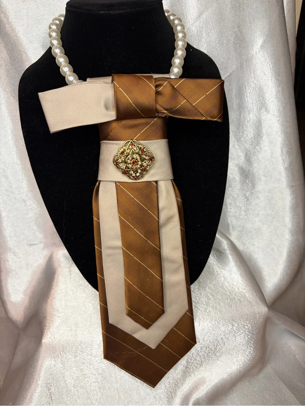 Claiborne Brown and Cream Decorative Necktie Scarf with Brooch